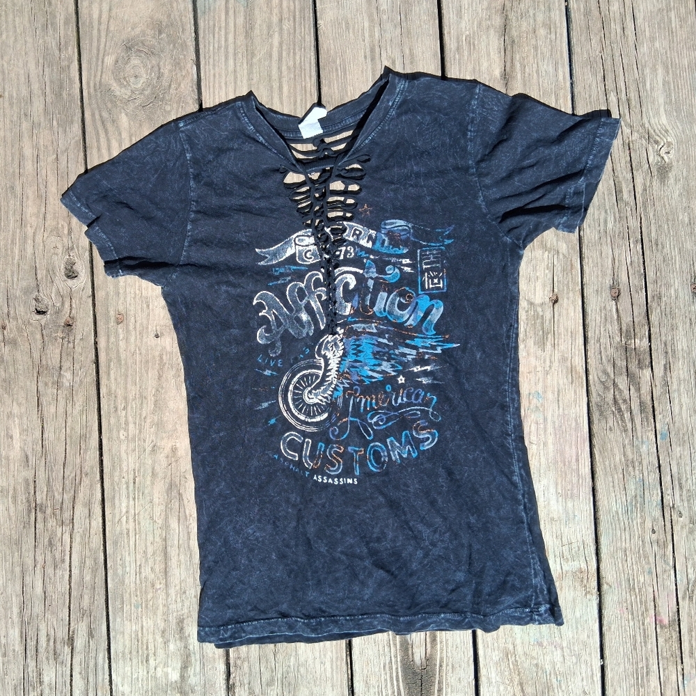 Affliction Lace Up Graphic Tee Small Biker Motorcycle Grunge Y2K